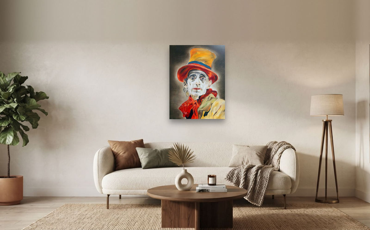 The Showman — shown to scale above a sofa, oil painting by Dana Edri