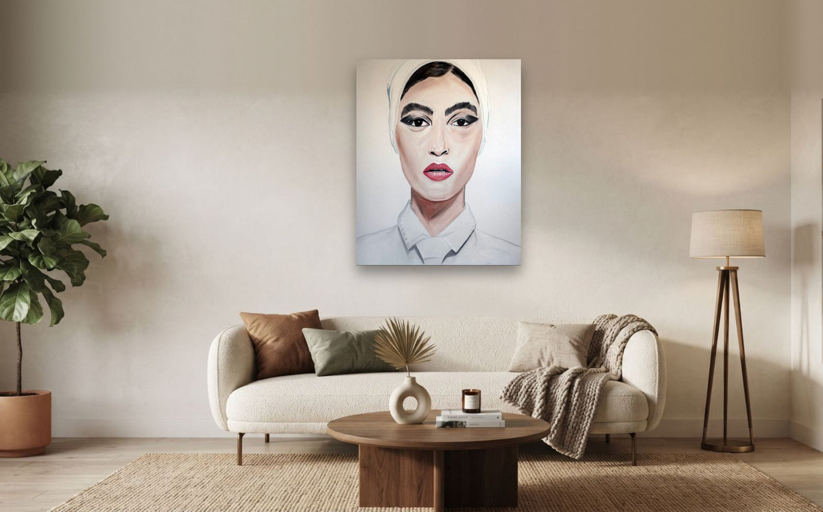 White Veil — shown to scale above a sofa, oil painting by Dana Edri