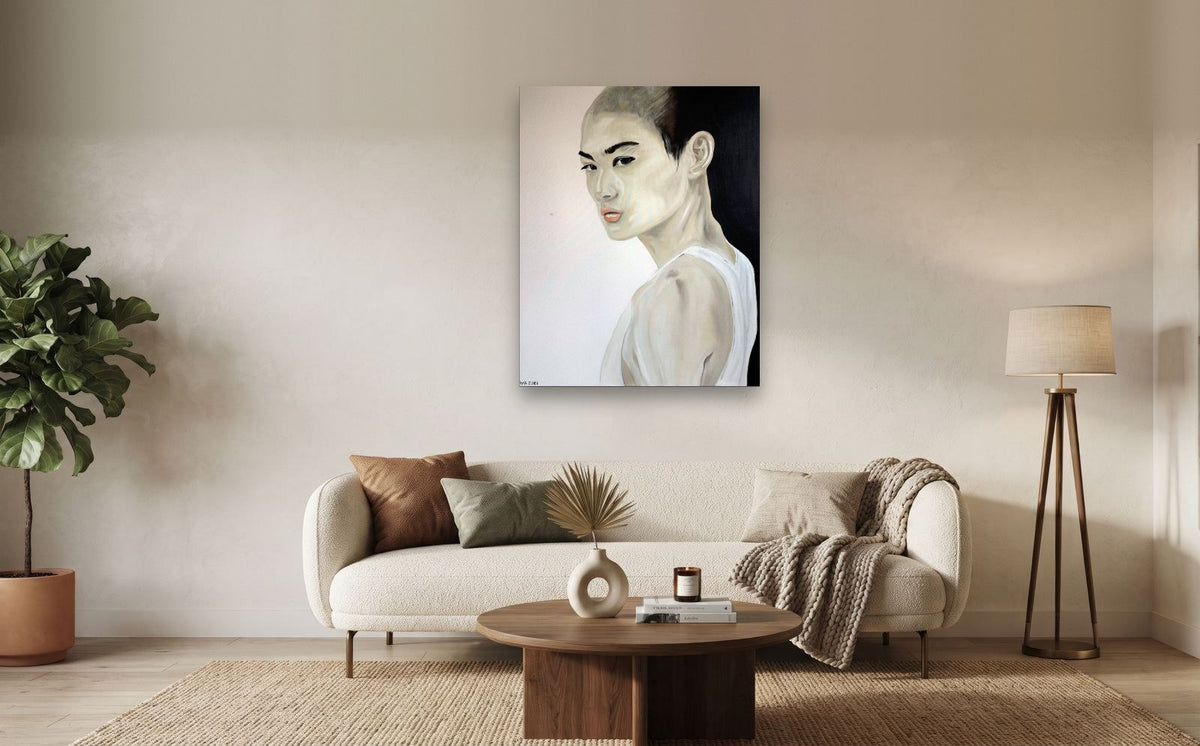 Glance — shown to scale above a sofa, oil painting by Dana Edri