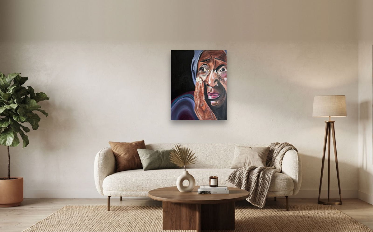Worry — shown to scale above a sofa, oil painting by Dana Edri