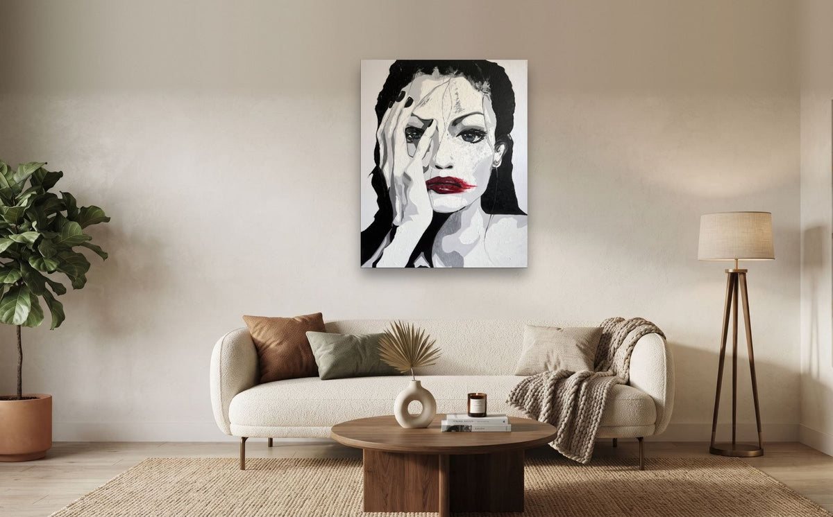 Fracture — shown to scale above a sofa, oil painting by Dana Edri