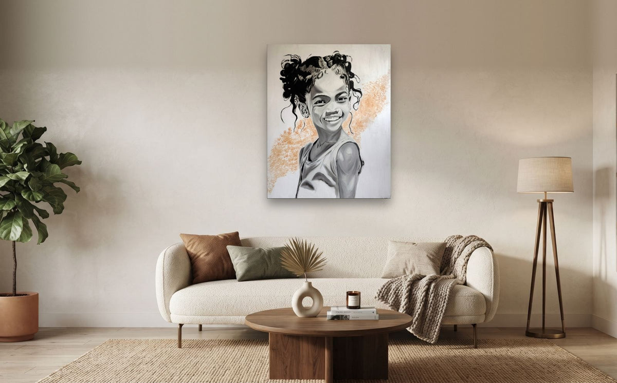 Joy — shown to scale above a sofa, oil painting by Dana Edri