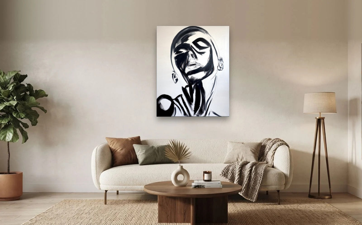 Eclipse — shown to scale above a sofa, oil painting by Dana Edri