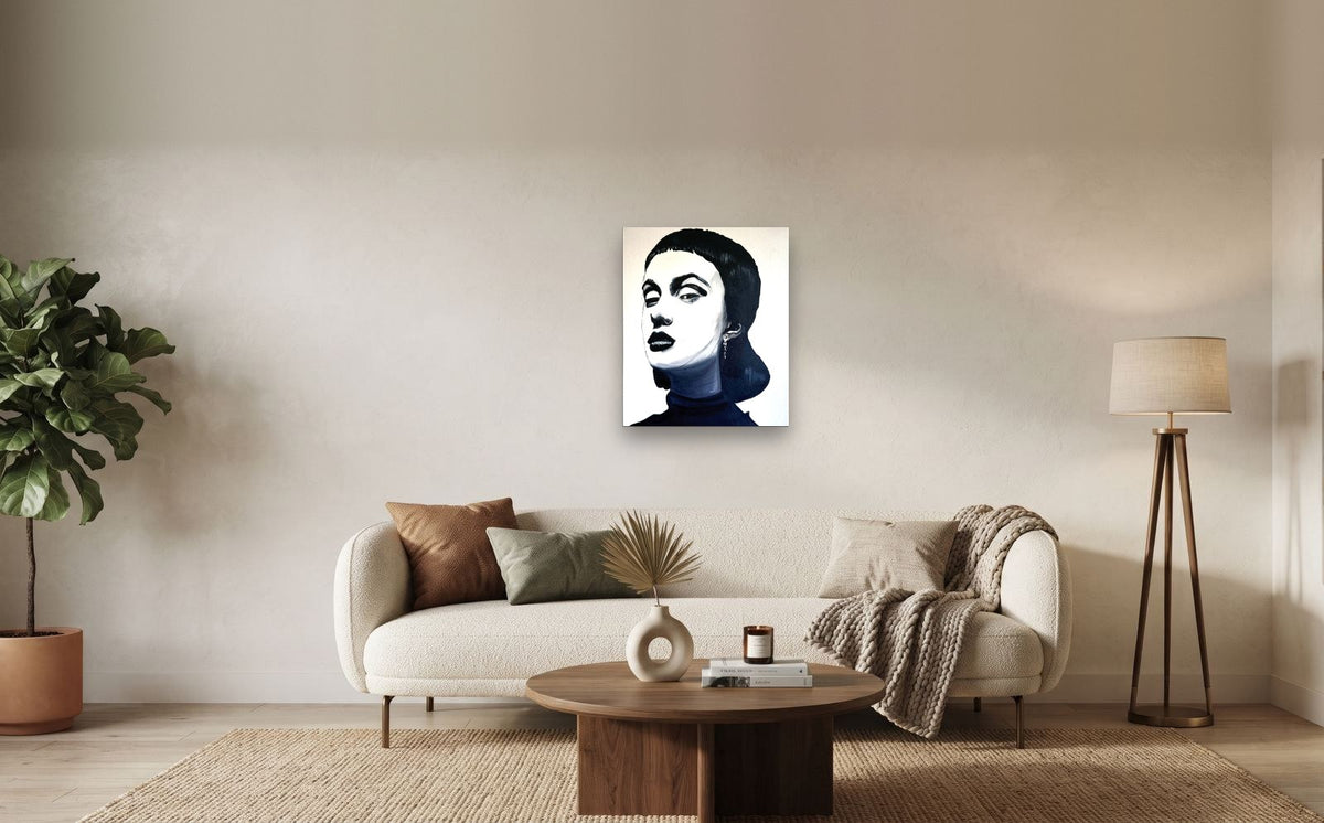 Noir — shown to scale above a sofa, oil painting by Dana Edri