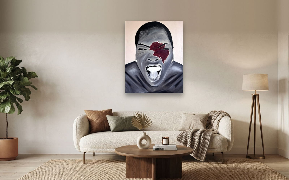 Roar — shown to scale above a sofa, oil painting by Dana Edri