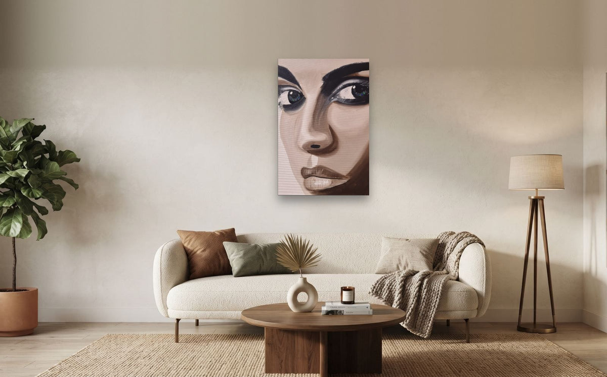 Sepia — shown to scale above a sofa, oil painting by Dana Edri