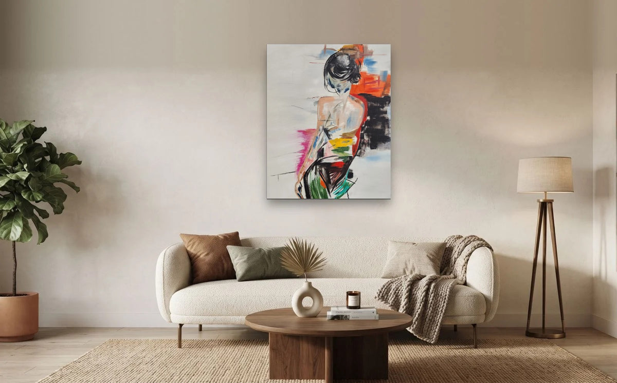 Turning — shown to scale above a sofa, oil painting by Dana Edri