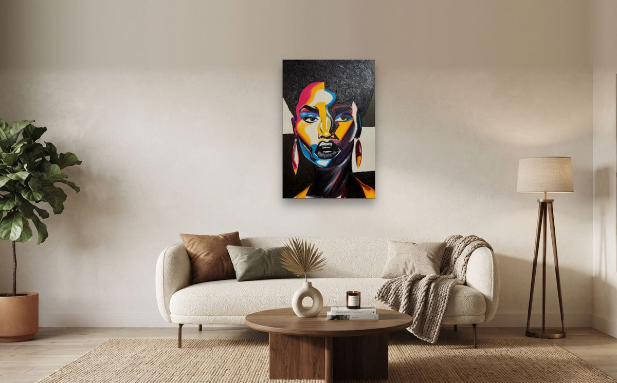 Prism — shown to scale above a sofa, oil painting by Dana Edri