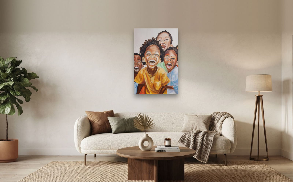 Laughter — shown to scale above a sofa, oil painting by Dana Edri