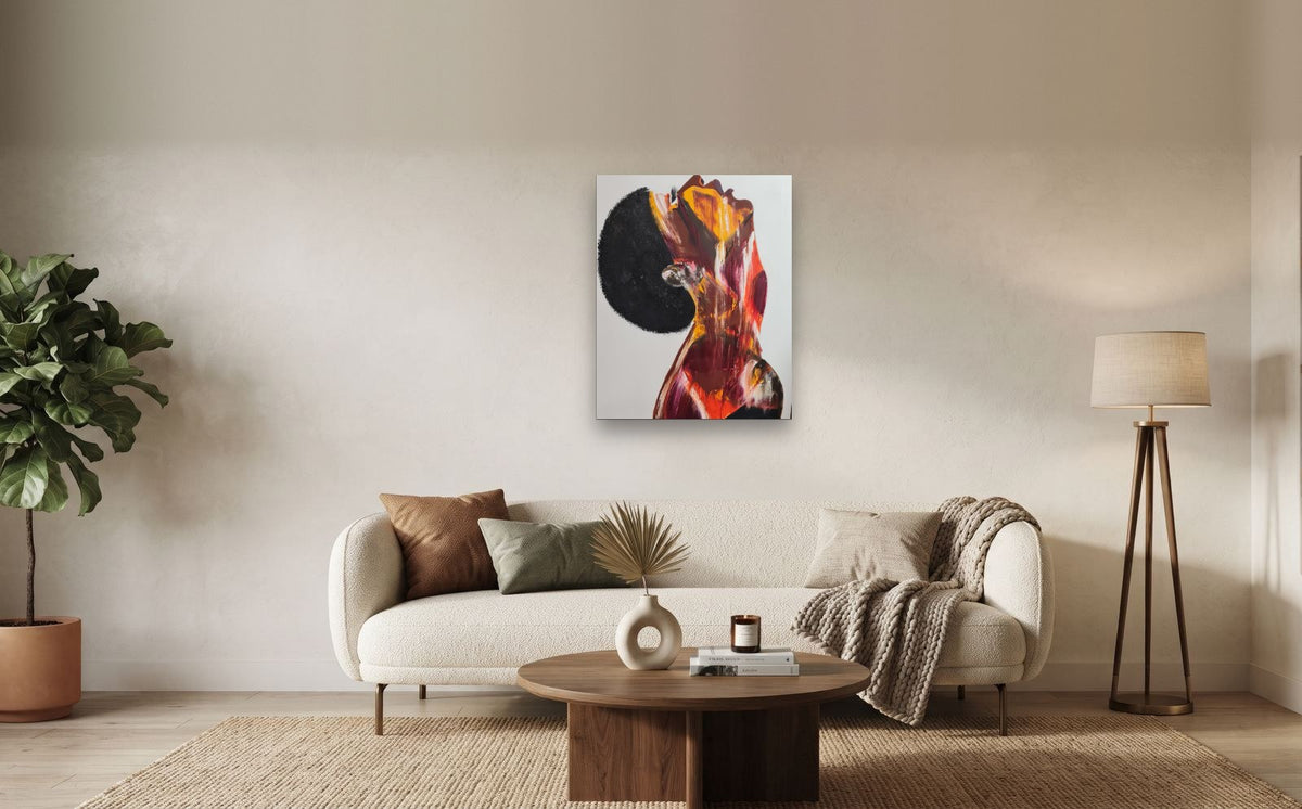 Ember — shown to scale above a sofa, oil painting by Dana Edri