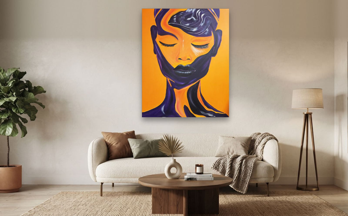 Dusk — shown to scale above a sofa, oil painting by Dana Edri