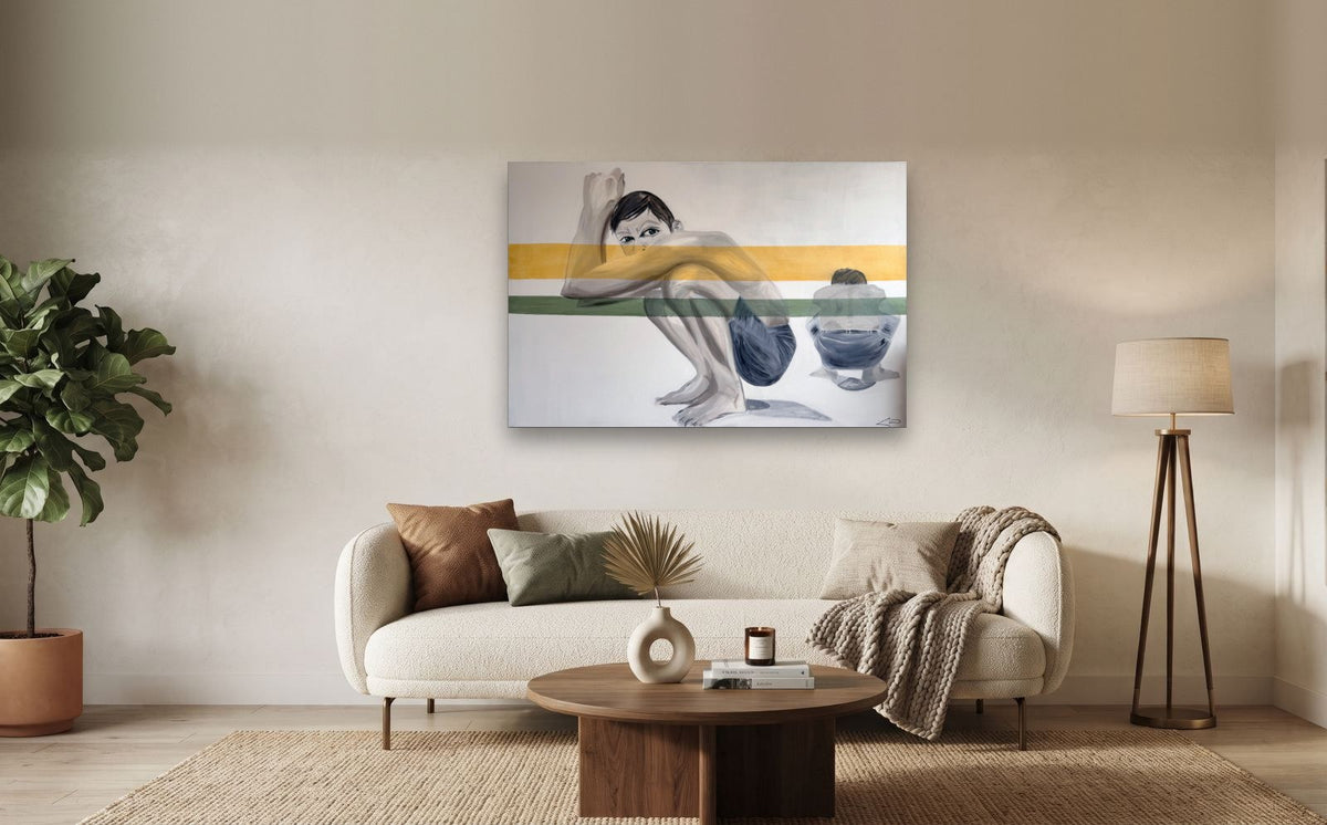 Hiding — shown to scale above a sofa, oil painting by Dana Edri