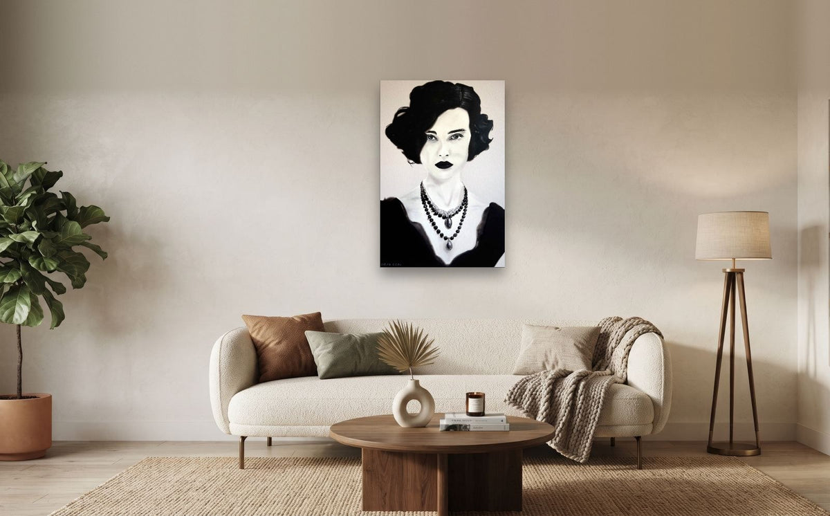 Velvet — shown to scale above a sofa, oil painting by Dana Edri