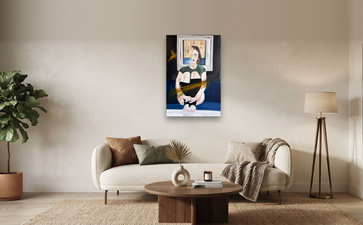 Window — shown to scale above a sofa, oil painting by Dana Edri