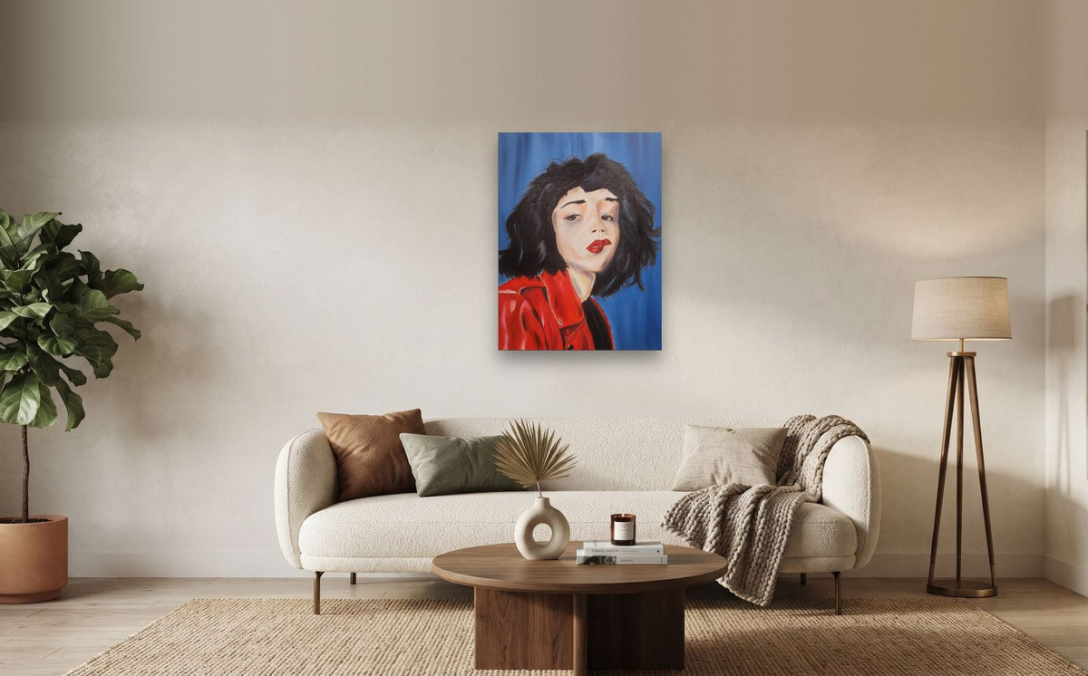 Red Jacket — shown to scale above a sofa, oil painting by Dana Edri