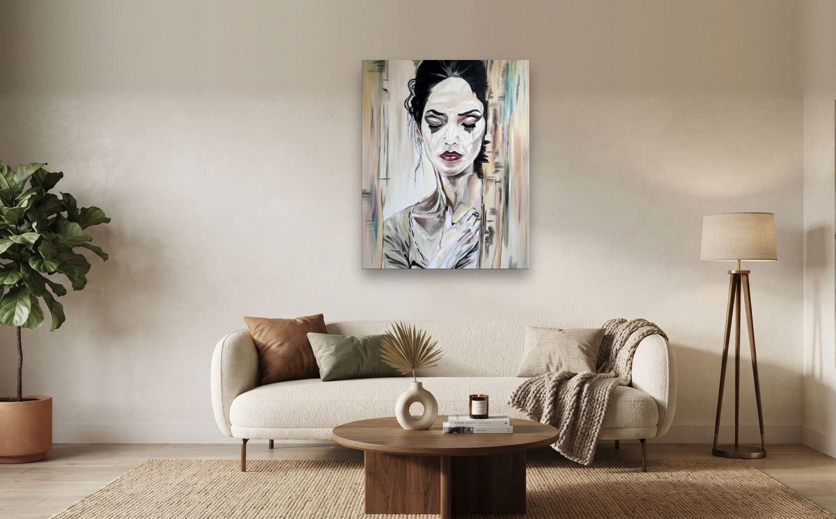 Inward — shown to scale above a sofa, oil painting by Dana Edri