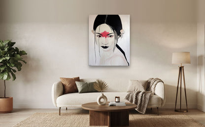 Red Mark — shown to scale above a sofa, oil painting by Dana Edri