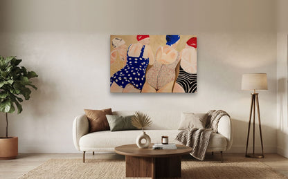The Swimmers — shown to scale above a sofa, oil painting by Dana Edri