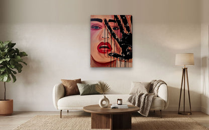 Handprint — shown to scale above a sofa, oil painting by Dana Edri