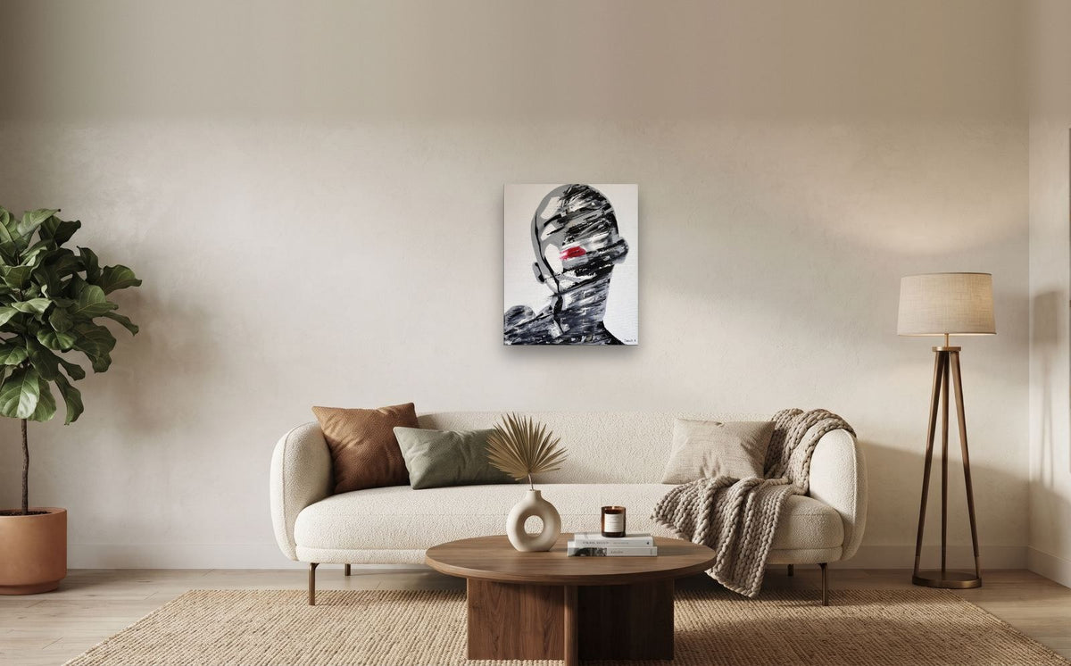 Static — shown to scale above a sofa, oil painting by Dana Edri