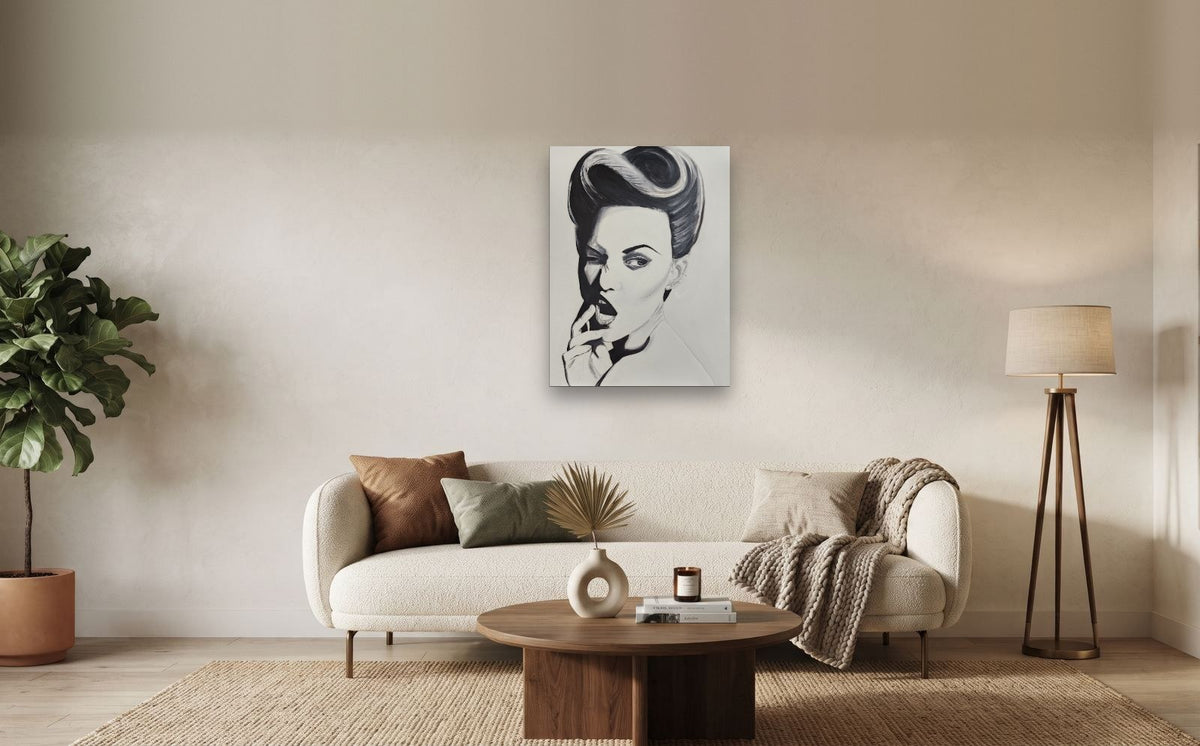 Poise — shown to scale above a sofa, oil painting by Dana Edri