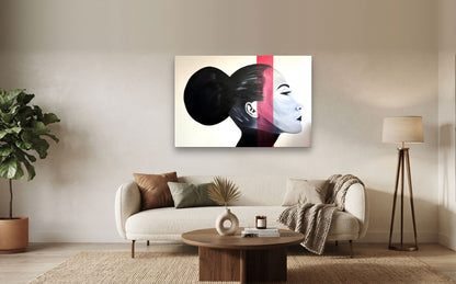 Red Line — shown to scale above a sofa, oil painting by Dana Edri
