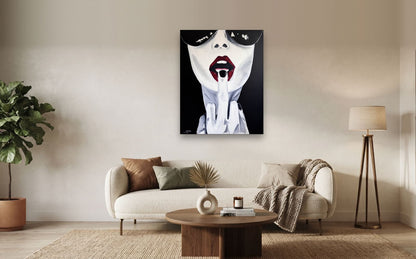 Attitude — shown to scale above a sofa, oil painting by Dana Edri