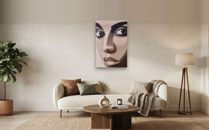 Sepia — shown to scale above a sofa, oil painting by Dana Edri