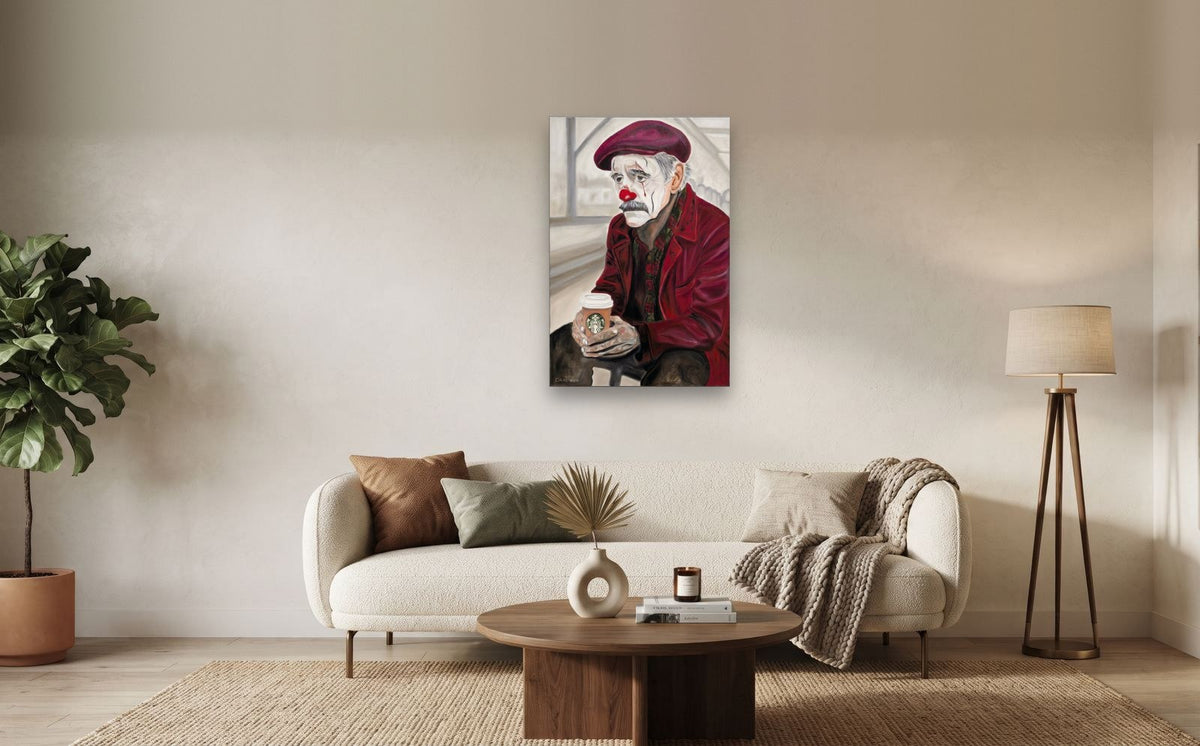 Coffee Break — shown to scale above a sofa, oil painting by Dana Edri
