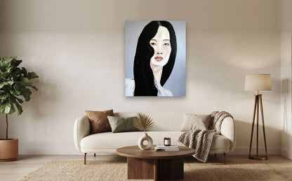 Stillness — shown to scale above a sofa, oil painting by Dana Edri