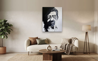 Elder — shown to scale above a sofa, oil painting by Dana Edri