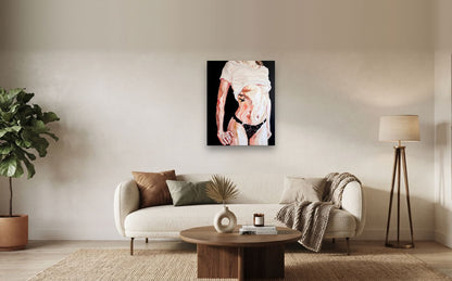 Skin — shown to scale above a sofa, oil painting by Dana Edri