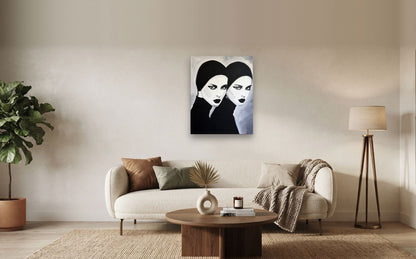 Twins — shown to scale above a sofa, oil painting by Dana Edri