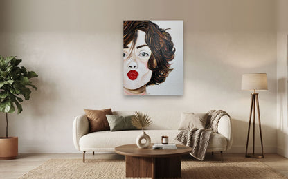 Mischief — shown to scale above a sofa, oil painting by Dana Edri