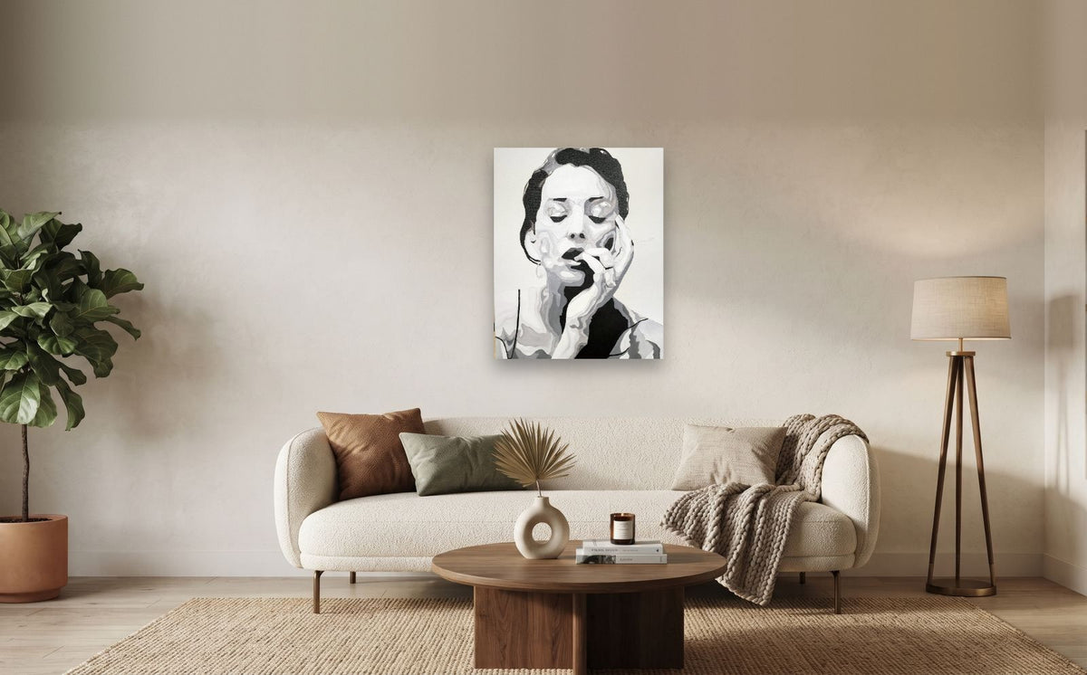 Melt — shown to scale above a sofa, oil painting by Dana Edri