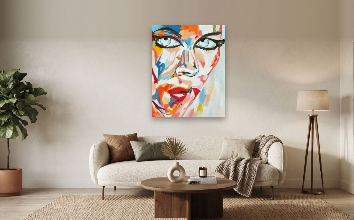Secret — shown to scale above a sofa, oil painting by Dana Edri