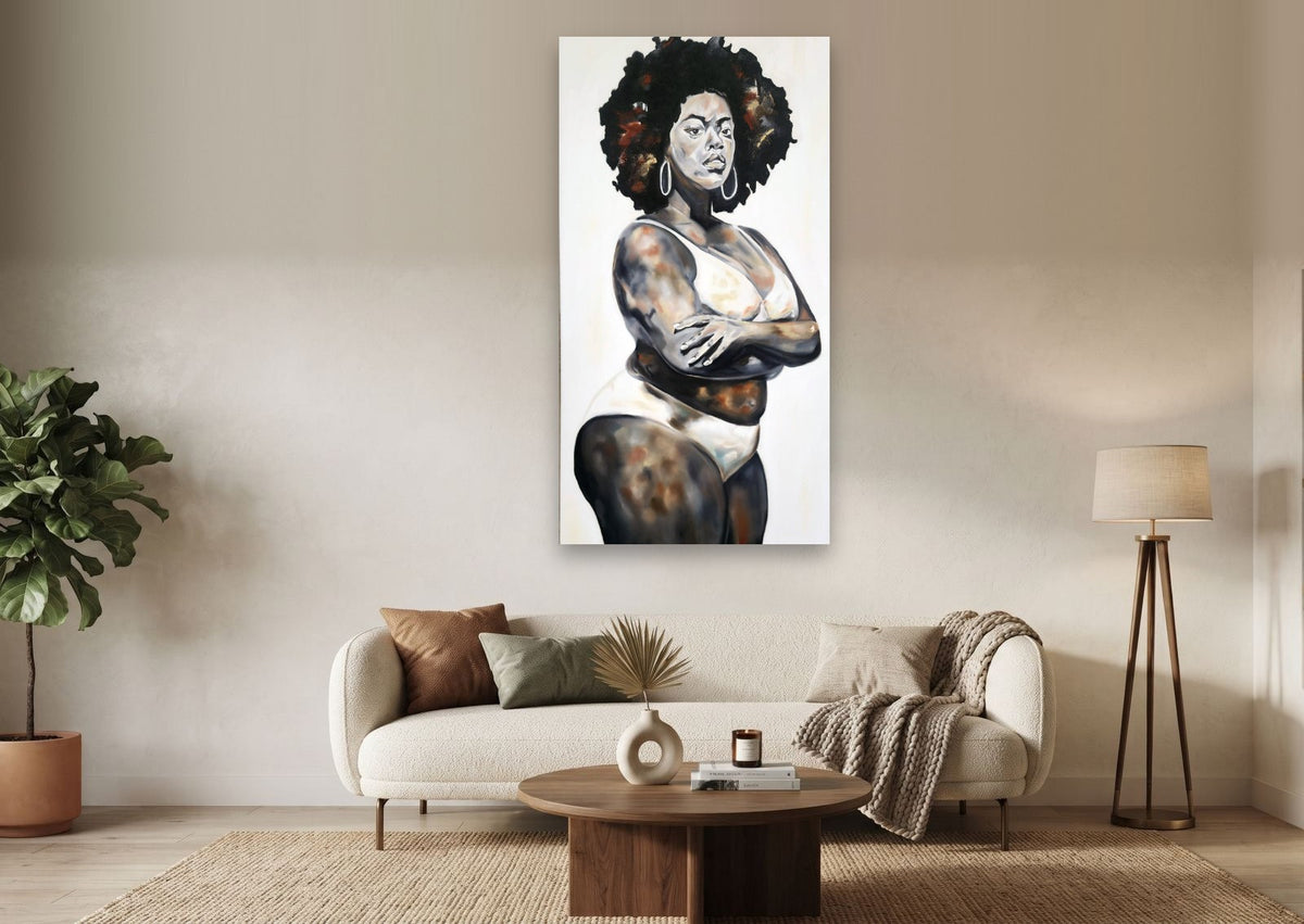 Presence — shown to scale above a sofa, oil painting by Dana Edri
